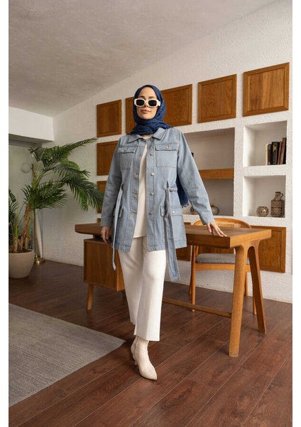 Kuşaklı Kısa Ceket Denim Kumaş Kadınlar İçin Mavi Renk fırsatları