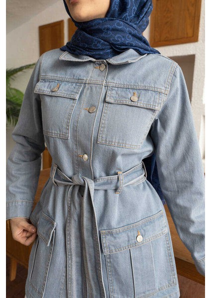 Kuşaklı Kısa Ceket Denim Kumaş Kadınlar İçin Mavi Renk indirimleri