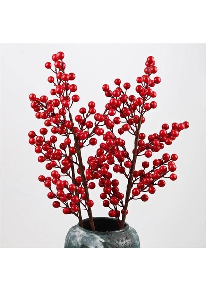 3 Adet Yapay Çiçek Kokina Uzun Dal 63 cm Yılbaşı Çiçeği Red Berry