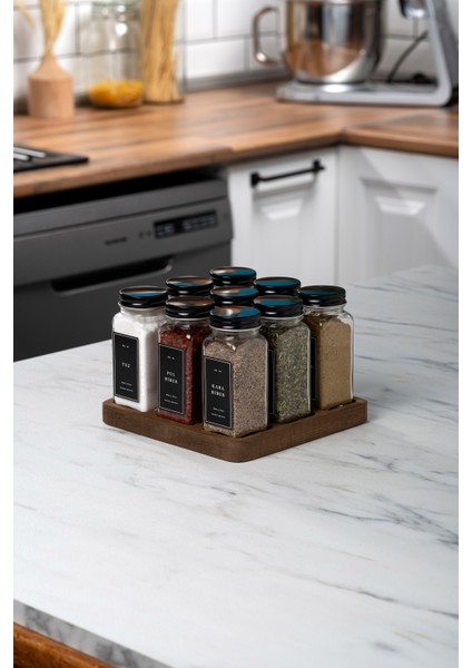 9'lu Ahşap Standlı Cam Baharatlık Seti Kapaklı Etiketli Baharatlık Takımı