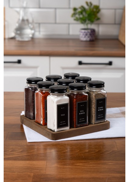9'lu Ahşap Standlı Cam Baharatlık Seti Kapaklı Etiketli Baharatlık Takımı fiyatları