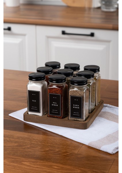 9'lu Ahşap Standlı Cam Baharatlık Seti Kapaklı Etiketli Baharatlık Takımı modelleri