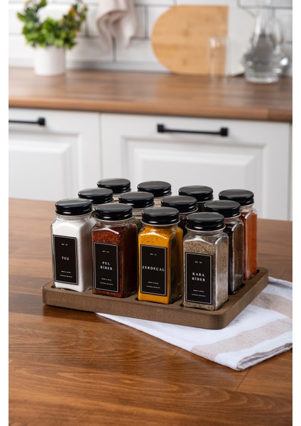 12'li Ahşap Standlı Cam Baharatlık Seti Kapaklı Etiketli Baharatlık Takımı