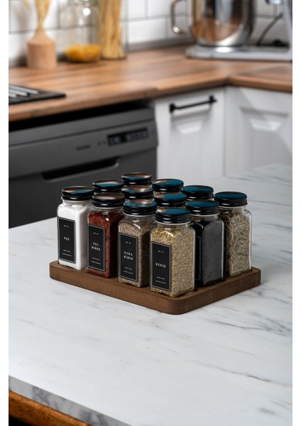 12'li Ahşap Standlı Cam Baharatlık Seti Kapaklı Etiketli Baharatlık Takımı fiyatları