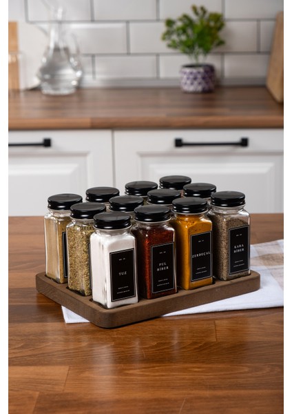 12'li Ahşap Standlı Cam Baharatlık Seti Kapaklı Etiketli Baharatlık Takımı modelleri
