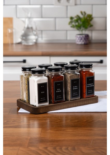 8'li Ahşap Standlı Cam Baharatlık Seti Kapaklı Etiketli Baharatlık Takımı