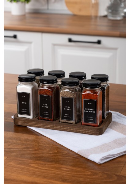 8'li Ahşap Standlı Cam Baharatlık Seti Kapaklı Etiketli Baharatlık Takımı modelleri