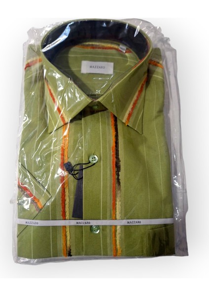 L BEDEN TEK CEPLİ YEŞİL PAMUKLU NORMAL KESİM RENK BLOKLU ÇİZGİLİ KISAKOLLU ERKEK GÖMLEK