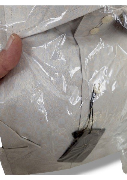 BEJ, KENDİNDEN DESENLİ PAMUK M BEDEN SLİM FİT ERKEK KISA KOLLU GÖMLEK