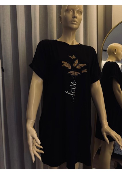 Kelebek Baskılı Crew Neck Elbise, Bahar ve Yaz Için Rahat Kısa Kollu Bol Kesim Elbise, Kadın Giyim