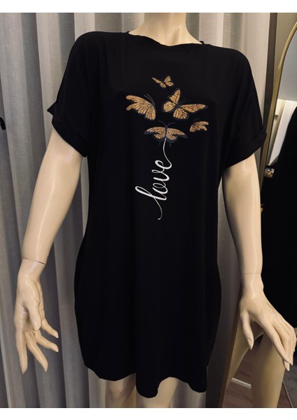 Kelebek Baskılı Crew Neck Elbise, Bahar ve Yaz Için Rahat Kısa Kollu Bol Kesim Elbise, Kadın Giyim modelleri