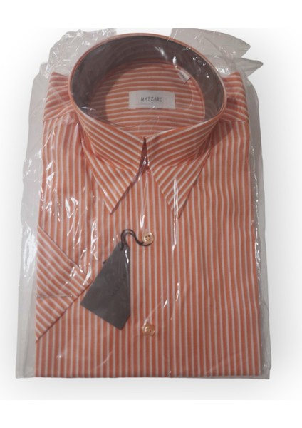 M BEDEN TURUNCU – BEYAZ ÇİZGİLİ PAMUKLU SLİM FİT KLASİK CEPSİZ KISAKOLLU ERKEK GÖMLEK