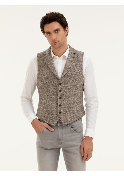 Erkek Bej Slim Fit Yün Karışımlı Dokuma Yelek 50279416-VR011