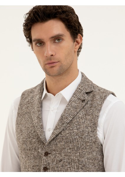 Erkek Bej Slim Fit Yün Karışımlı Dokuma Yelek 50279416-VR011