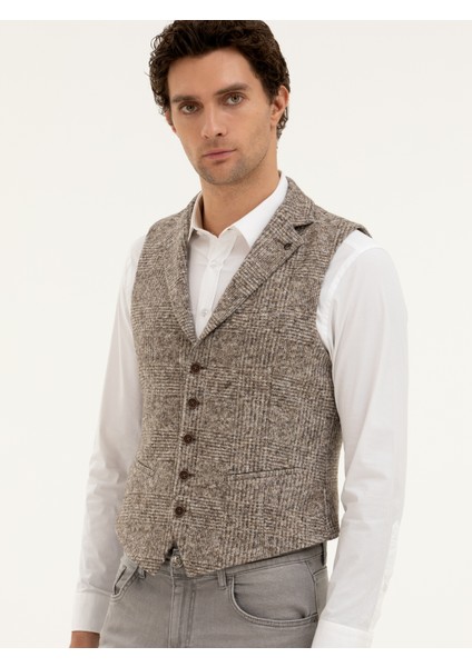 Erkek Bej Slim Fit Yün Karışımlı Dokuma Yelek 50279416-VR011