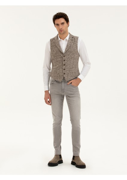 Erkek Bej Slim Fit Yün Karışımlı Dokuma Yelek 50279416-VR011