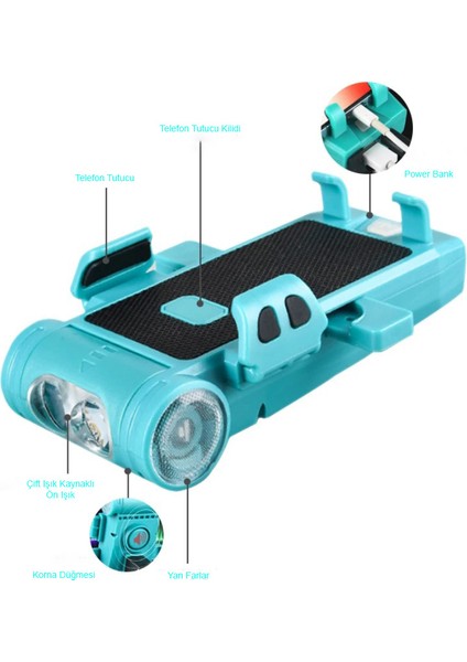 5in1 Bisiklet Feneri Şarjlı Telefon Tutucu+Korna +Sis Farı 3500MAH Powerbank Scooter modelleri