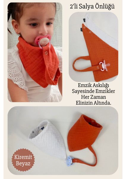 2'li %100 Pamuk 8 Katlı Müslin Emzik Askılıklı Kız Erkek Bebek Salya ve Mama Önlüğü *kiremit*beyaz