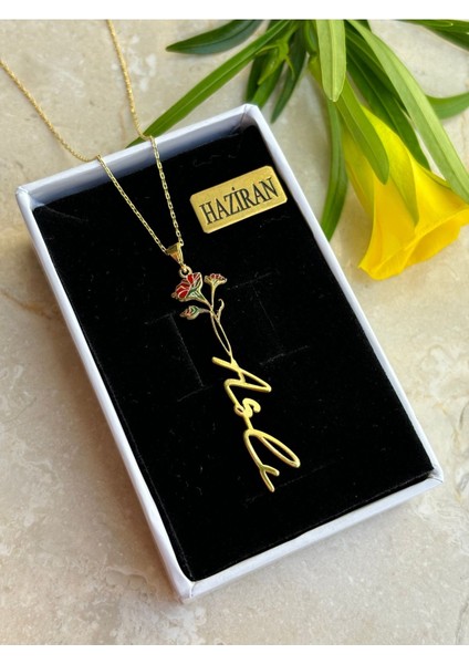 14 K Gold Kaplama 925 Ayar Gümüş Doğduğun Ay Yeşeren Çiçekli Isim Kolye