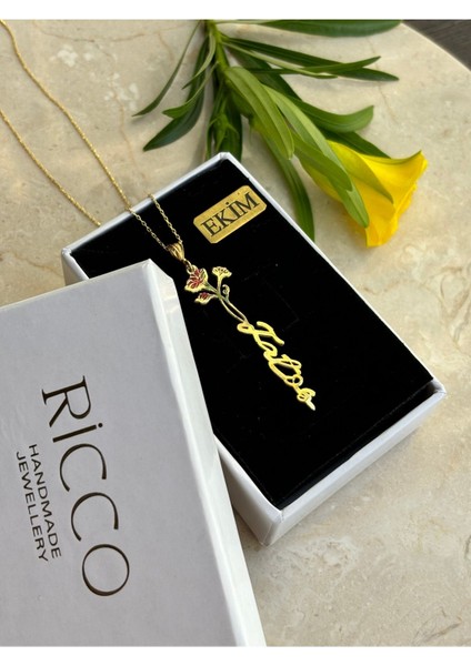 14 K Gold Kaplama 925 Ayar Gümüş Doğduğun Ay Yeşeren Çiçekli Isim Kolye