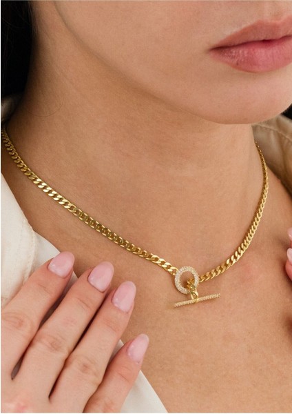 14 K Gold Kaplama 925 Ayar Gümüş Choker Gurmet T Kilit Zincir