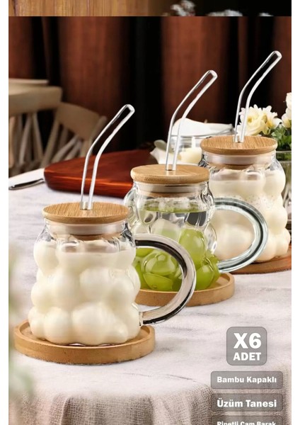 6'lı Üzüm Tanesi Bambu Kapaklı Boncuk Bardak 350 ml Isıya Dayanıklı Cam Pipetli Kahve Sunum Bardağı