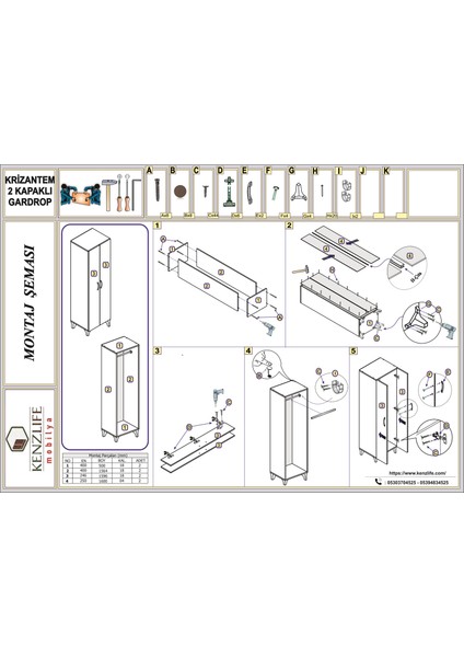 Kenzlife gardırop 2 kapaklı kapılı krizantem 168x50x42 gri ayaklı gardolap dolap