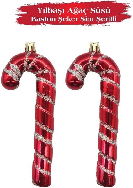 Yılbaşı Ağaç Süsü Baston Şeker Sim Şeritli 16 cm 2 Parça