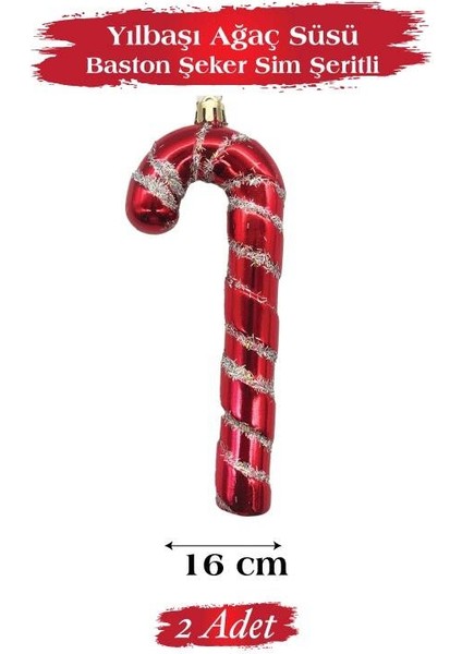 Yılbaşı Ağaç Süsü Baston Şeker Sim Şeritli 16 cm 2 Parça