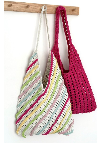 Çizgili Çok Renkli Çanta, Büyük Omuz Çantası, Örgü Çanta, Çok Renkli Çanta, Pamuk Makrome Çanta