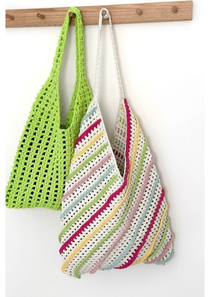 Çizgili Çok Renkli Çanta, Büyük Omuz Çantası, Örgü Çanta, Çok Renkli Çanta, Pamuk Makrome Çanta fiyatları