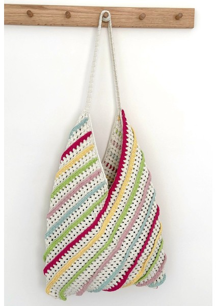 Çizgili Çok Renkli Çanta, Büyük Omuz Çantası, Örgü Çanta, Çok Renkli Çanta, Pamuk Makrome Çanta modelleri