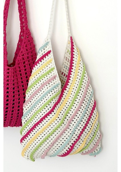 Çizgili Çok Renkli Çanta, Büyük Omuz Çantası, Örgü Çanta, Çok Renkli Çanta, Pamuk Makrome Çanta fırsatları