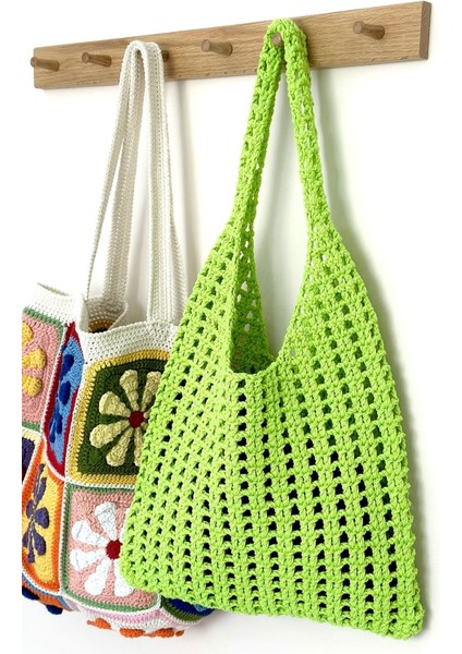 Neon Rerkli Çanta, File Çanta, Makrome Çanta, Örgü Çanta, Renkli Çanta, Omuz Çantası Yeşil Çanta
