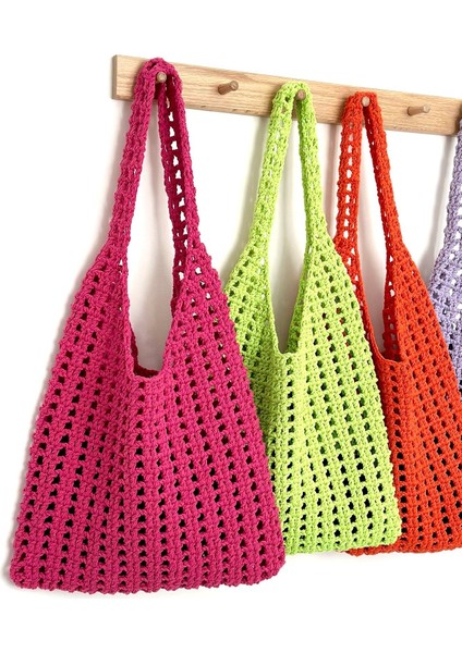 Neon Rerkli Çanta, File Çanta, Makrome Çanta, Örgü Çanta, Renkli Çanta, Omuz Çantası Fuşya Çanta