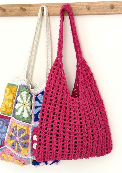 Neon Rerkli Çanta, File Çanta, Makrome Çanta, Örgü Çanta, Renkli Çanta, Omuz Çantası Fuşya Çanta fiyatları