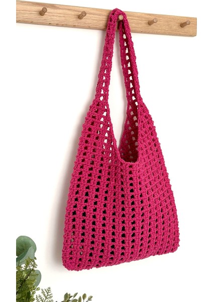 Neon Rerkli Çanta, File Çanta, Makrome Çanta, Örgü Çanta, Renkli Çanta, Omuz Çantası Fuşya Çanta modelleri