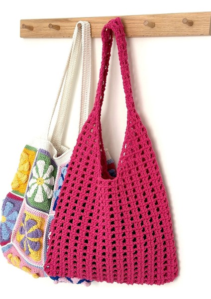 Neon Rerkli Çanta, File Çanta, Makrome Çanta, Örgü Çanta, Renkli Çanta, Omuz Çantası Fuşya Çanta fırsatları