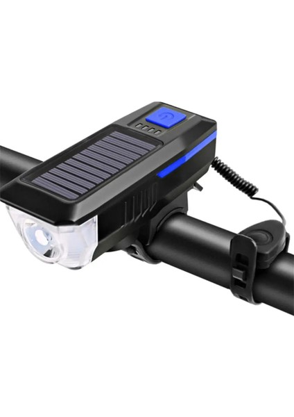 LED Solar Güneş Enerjili Kornalı Powerbankli Su Geçirmez USB Şarjlı Bisiklet Farı 3 Modlu (Mavi)