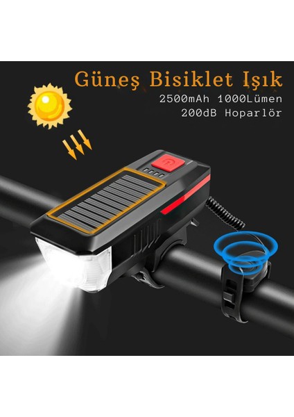 LED Solar Güneş Enerjili Kornalı Powerbankli Su Geçirmez USB Şarjlı Bisiklet Farı 3 Modlu (Mavi) indirimleri