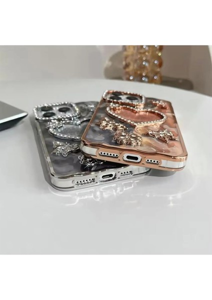 iPhone 15 Pro Max Kılıf Desenli Renkli Parlak 3D Kalp Kelebek Kamera ve Kenarlar Elmas Taşlı Dimond