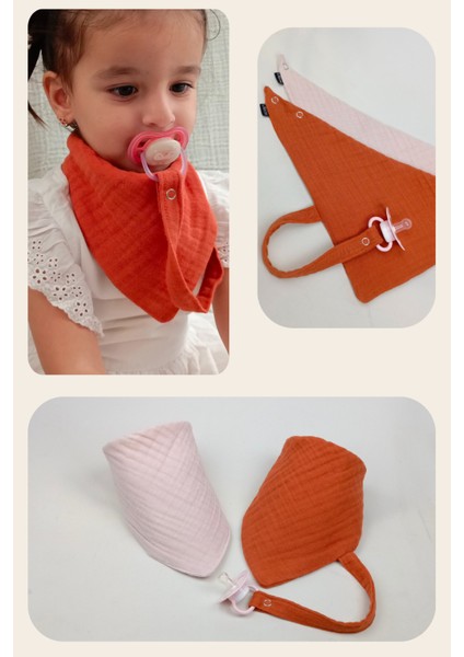 2'li %100 Pamuk 8 Katlı Müslin Emzik Askılıklı Kız Erkek Bebek Salya ve Mama Önlüğü *kiremit*pembe
