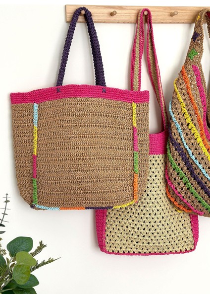 Hasır Plaj Çantası, Büyük Plaj Çantası, Örgü Plaj Çantası, Hasır Çanta, Renkli Plaj Çantası Pembe
