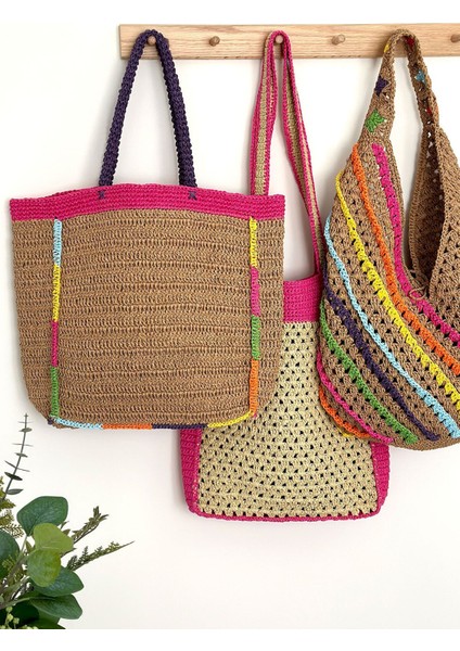 Hasır Plaj Çantası, Büyük Plaj Çantası, Örgü Plaj Çantası, Hasır Çanta, Renkli Plaj Çantası Pembe indirimleri