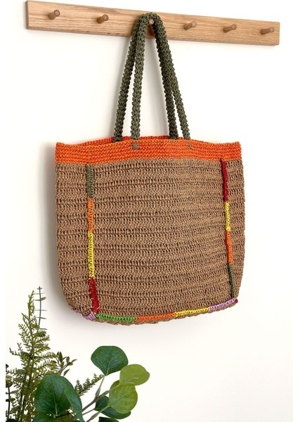Hasır Plaj Çantası, Büyük Plaj Çantası, Örgü Plaj Çantası, Hasır Çanta, Renkli Plaj Çantası Turuncu modelleri