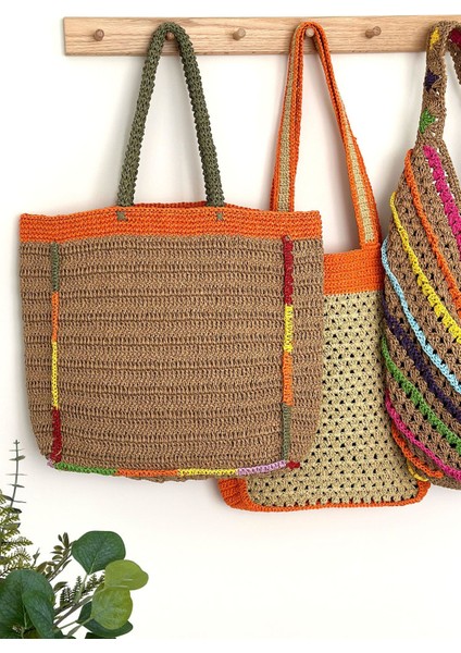 Hasır Plaj Çantası, Büyük Plaj Çantası, Örgü Plaj Çantası, Hasır Çanta, Renkli Plaj Çantası Turuncu indirimleri