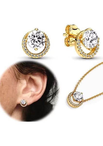 Işıltılı Yuvarlak Hale Gold Renk Tektaş Çivi Küpe