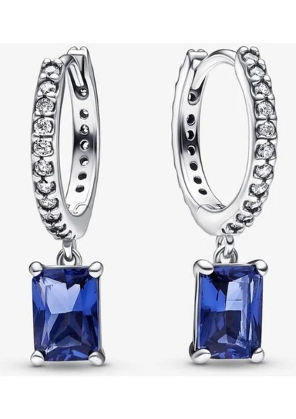 Mavi Dikdörtgen Işıltılı Halka Küpeler