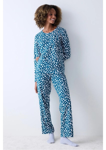 Pamuklu Blue Leopard Petrol Yeşili Pantolon Pijama Takımı