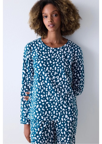 Pamuklu Blue Leopard Petrol Yeşili Pantolon Pijama Takımı fiyatları